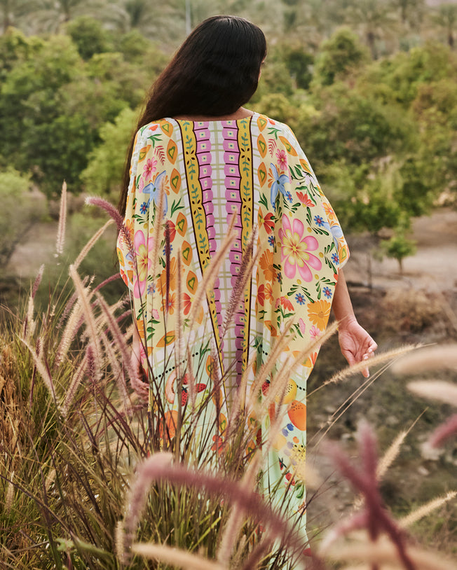 Nina Kaftan with Printed Floral & Fruit Motifs in Tea Green