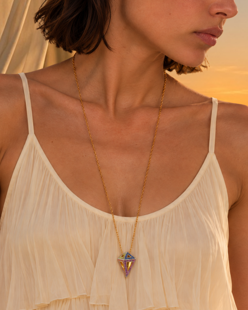 Rainbow Octahedron Pendant 18K Yellow (Black) Gold & Multi-Stones on a 81cm YG Chain