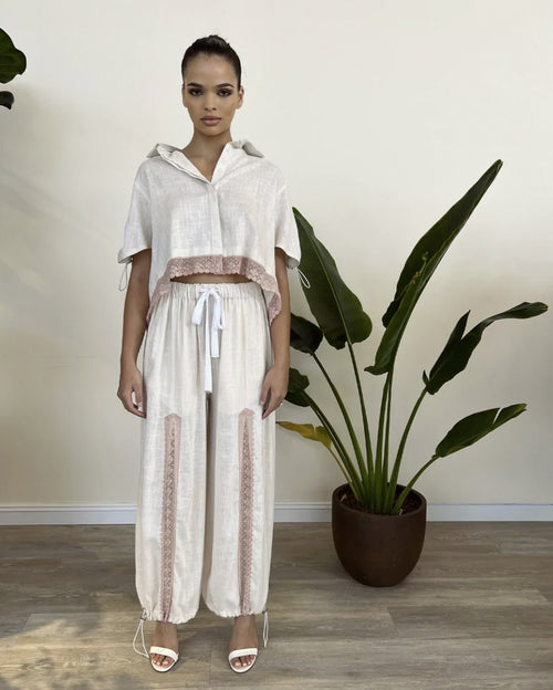 White Linen and Nude Lace Toggle Sleeves Shirt &  Toggle Pant Set