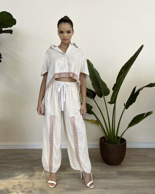 White Linen and Nude Lace Toggle Sleeves Shirt &  Toggle Pant Set