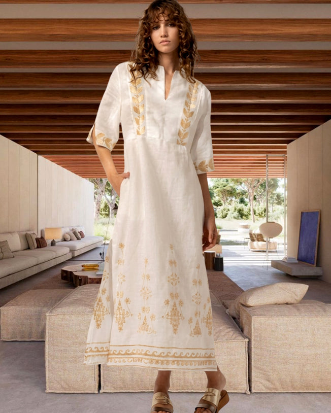 Off-White Linen Maxi Dress with Gold Embroidery