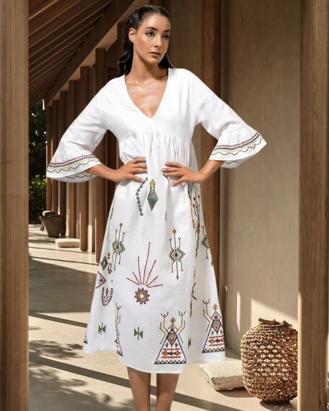 Off-White Linen Maxi Dress with Emroidery