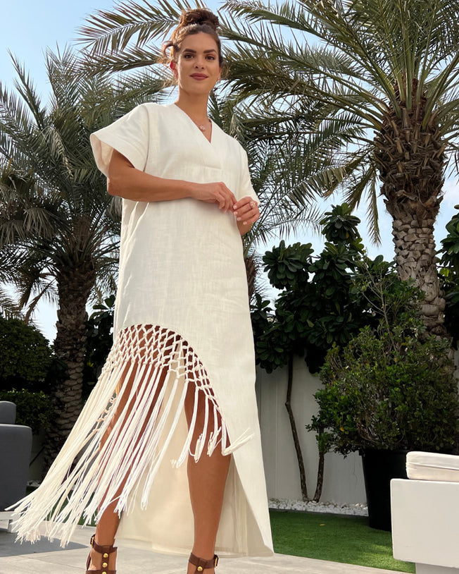 Off-White Linen Tassel Dress