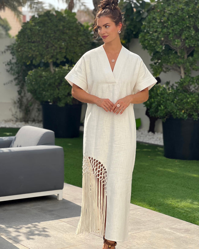 Off-White Linen Tassel Dress