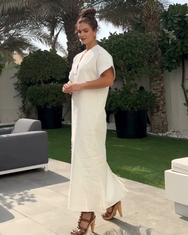 Off-White Linen Tassel Dress