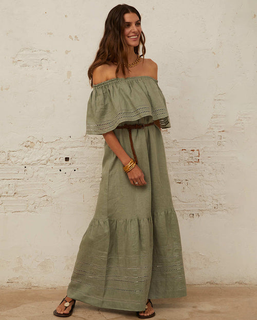 Off Shoulder Signature Embroidery Maxi Linen Dress - Jungle Green