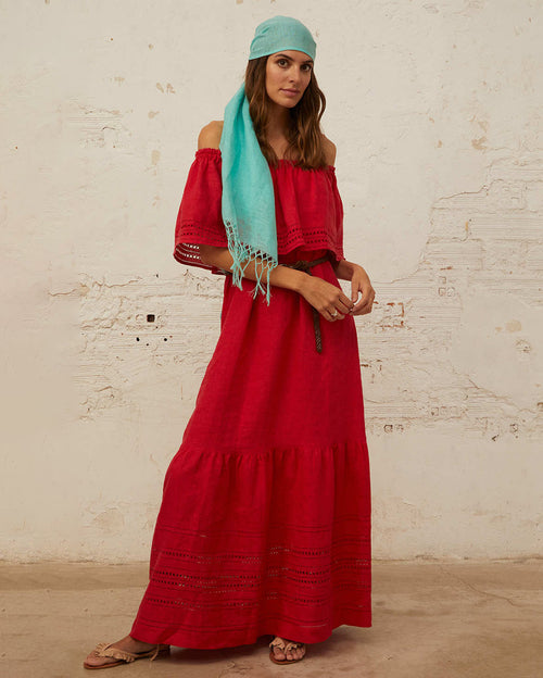 Off Shoulder Signature Embroidery Maxi Linen Dress - Scarlett Red