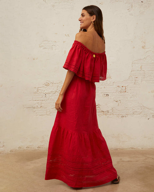 Off Shoulder Signature Embroidery Maxi Linen Dress - Scarlett Red