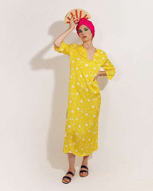 Olivia Round and V-Neck White & Yellow Kaftan Dress