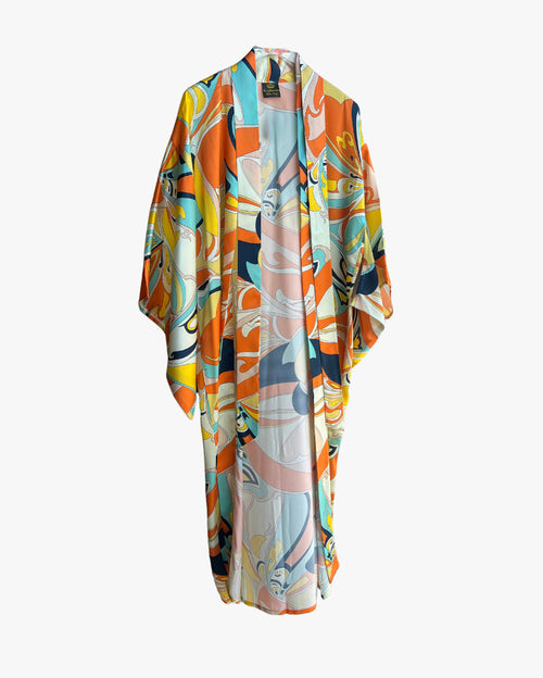 Orange Yellow Geometric Long Silk Kimono Coverup