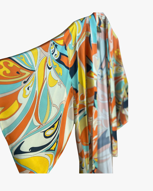 Orange Yellow Geometric Long Silk Kimono Coverup