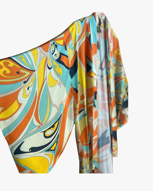 Orange Yellow Geometric Long Silk Kimono Coverup