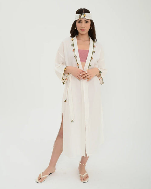Adalya Grass White Kaftan with Hand Crocheted Oya Details
