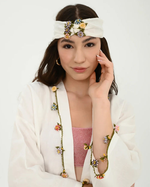 Adalya Grass White Kaftan with Hand Crocheted Oya Details