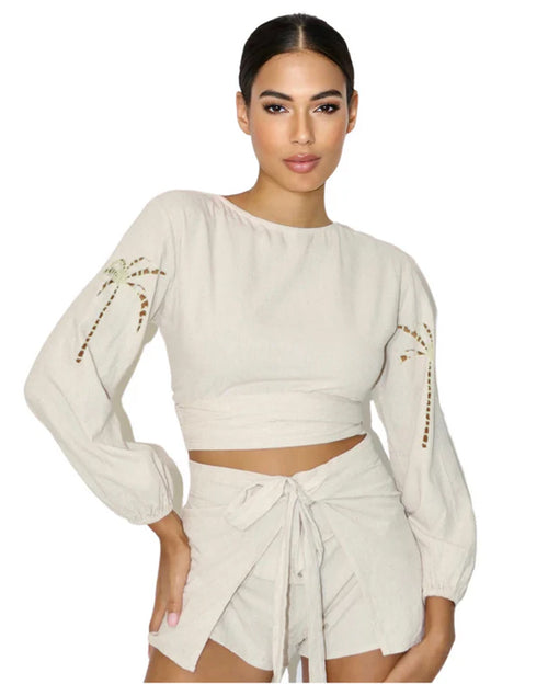 Palm Linen Belle Blouse & Tie-Around Shorts Set
