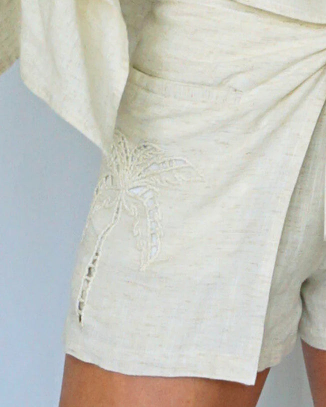 Palm Linen Belle Blouse & Tie-Around Shorts Set