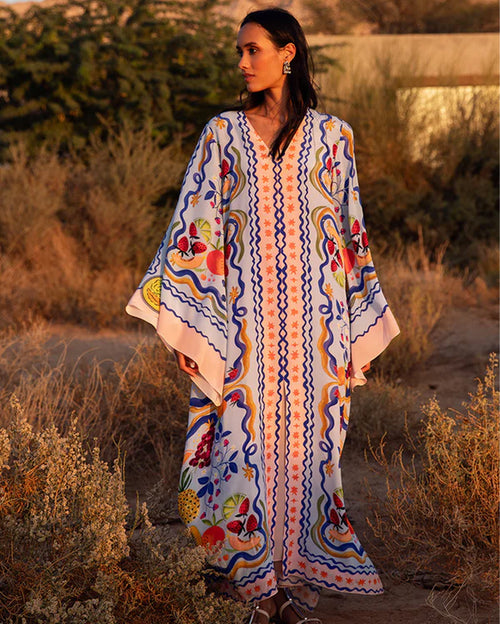 Paloma Kaftan Adorned with Vivid Fruit Motifs in Misty-Blue
