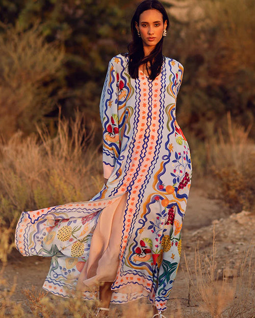Paloma Kaftan Adorned with Vivid Fruit Motifs in Misty-Blue