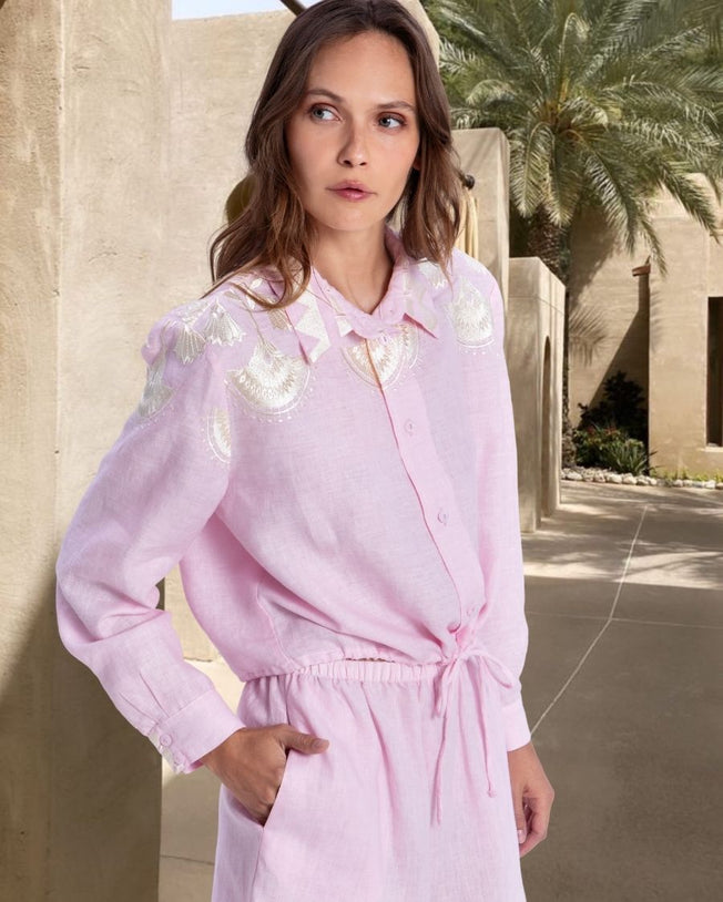 Papyrus Linen Long-Sleeved Gathering Shirt and Elastic Waistband Shorts Set - Pink Champagne