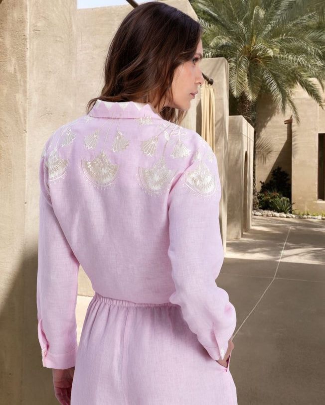Papyrus Linen Long-Sleeved Gathering Shirt and Elastic Waistband Shorts Set - Pink Champagne