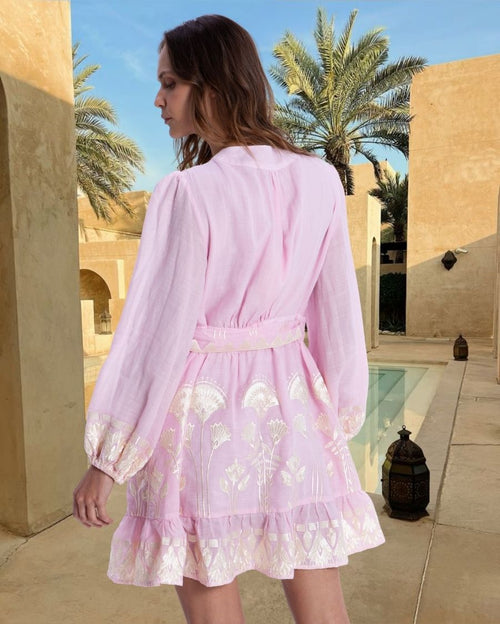 Papyrus Wrap Long-Sleeved Embroidered Mini Dress - Pink Champagne