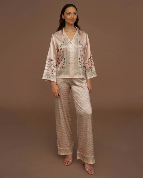 Pearl of Medina Silk Longsleeve Shirt and Pants Pyjama Set - Green