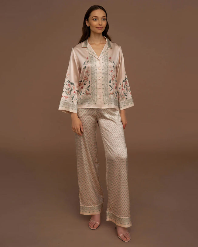 Pearl of Medina Silk Longsleeve Shirt and Pants Pyjama Set - Green