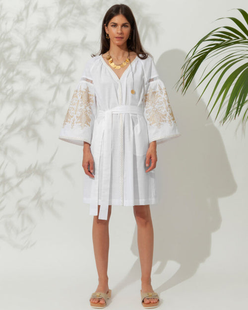 Penelope White with Gold Embroidered Mini Kaftan