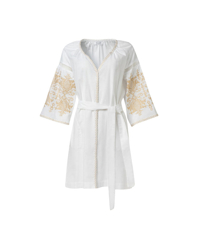 Penelope White with Gold Embroidered Mini Kaftan