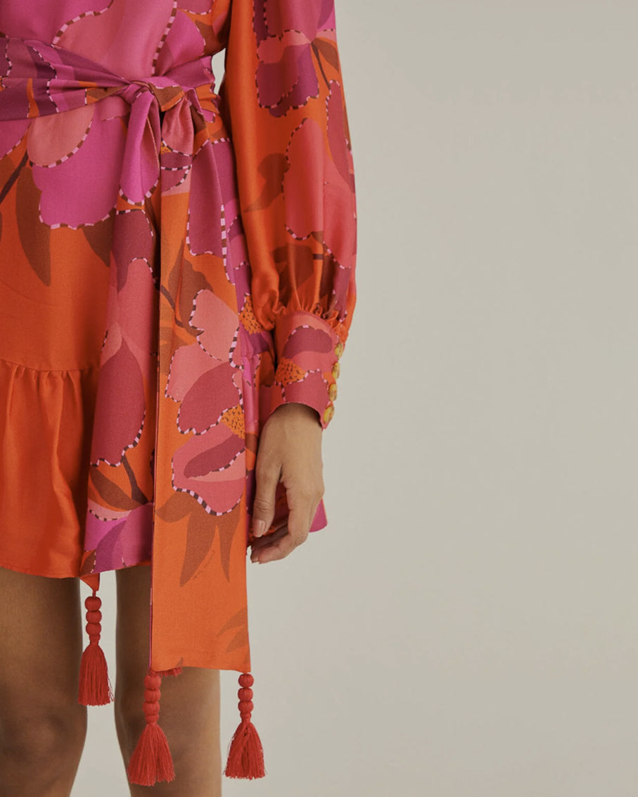 red peony long sleeve mini dress Astonish | Red Long-Sleeve Embellished Square-Neck Mini Dress With Volume Skirt