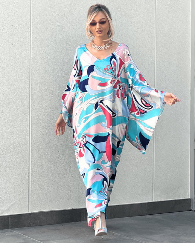 Perfetta Silk Satin Multi Print Kimono Sleeve Kaftan