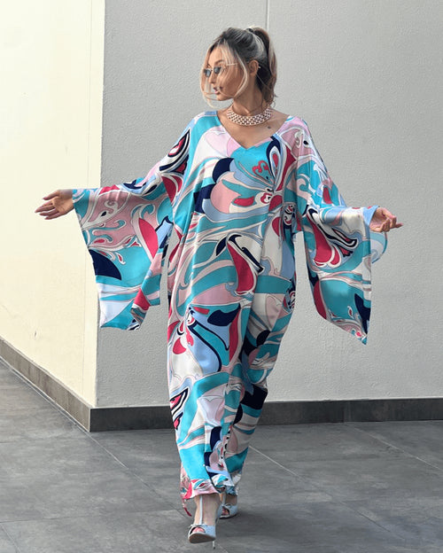 Perfetta Silk Satin Multi Print Kimono Sleeve Kaftan