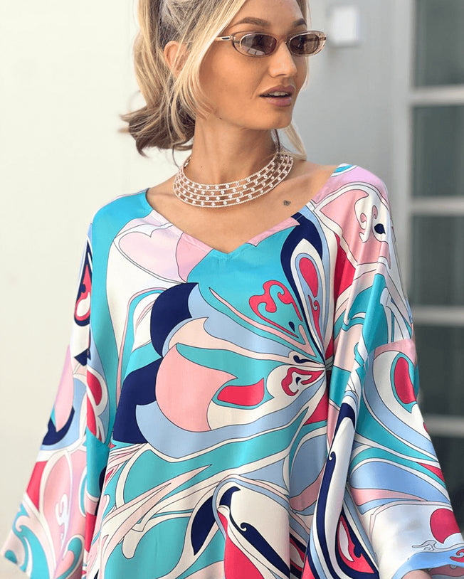 Perfetta Silk Satin Multi Print Kimono Sleeve Kaftan