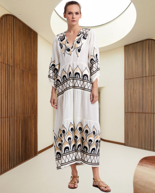 Phoenix Gathering Long-Sleeved Embroidered Maxi Dress - Beige Gold
