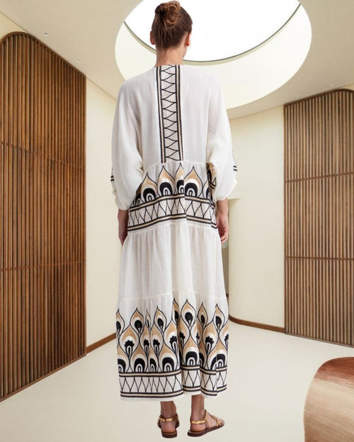 Phoenix Gathering Long-Sleeved Embroidered Maxi Dress - Beige Gold