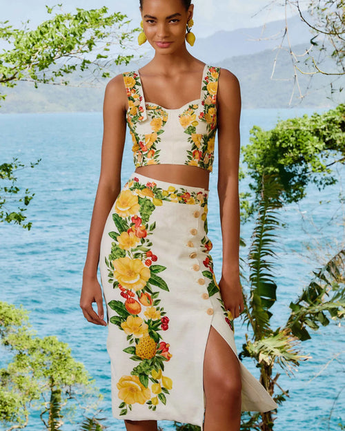 Picnic Flowers Off-White Topstitching Lastex Top and Buttoned Midi Skirt Set