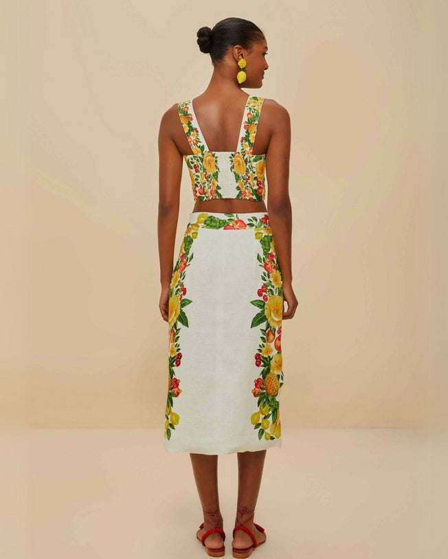 Picnic Flowers Off-White Topstitching Lastex Top and Buttoned Midi Skirt Set