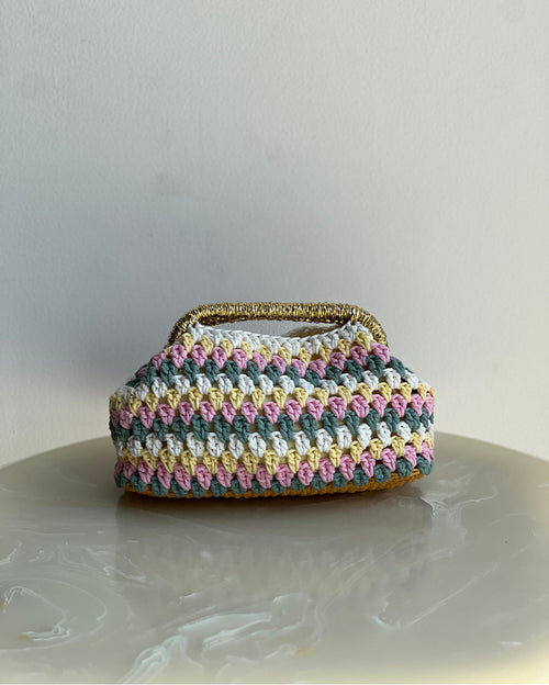 Hand-Crocheted Recta Cotton Bag in Yellow Pink Blue with Gold Handle