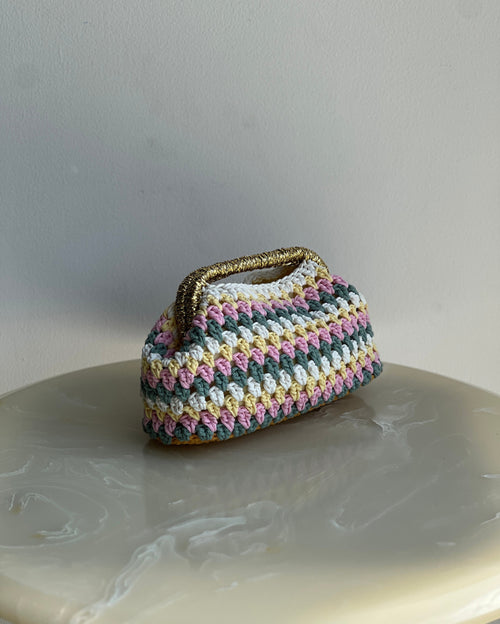 Hand-Crocheted Recta Cotton Bag in Yellow Pink Blue with Gold Handle