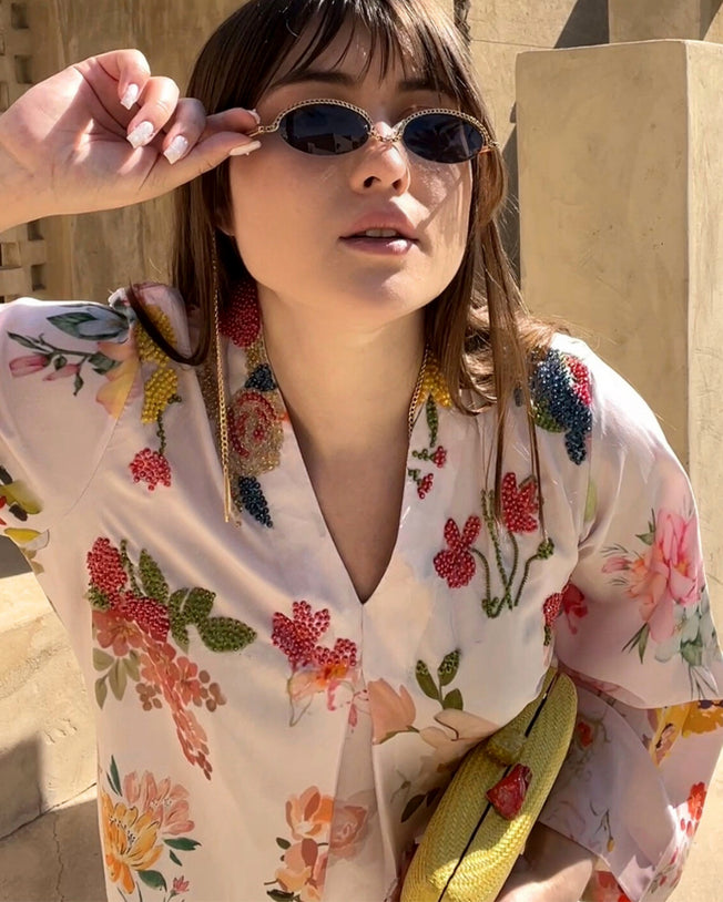 Pink HT Silk V-Neck with Mid Box Pleat and Sequins and Bead Hand Emb Serenity Aura Digi-Print