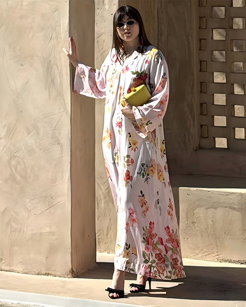 Pink HT Silk V-Neck with Mid Box Pleat and Sequins and Bead Hand Emb Serenity Aura Digi-Print