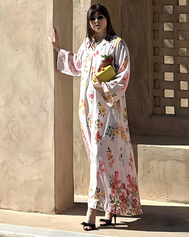 Pink HT Silk V-Neck with Mid Box Pleat and Sequins and Bead Hand Emb Serenity Aura Digi-Print