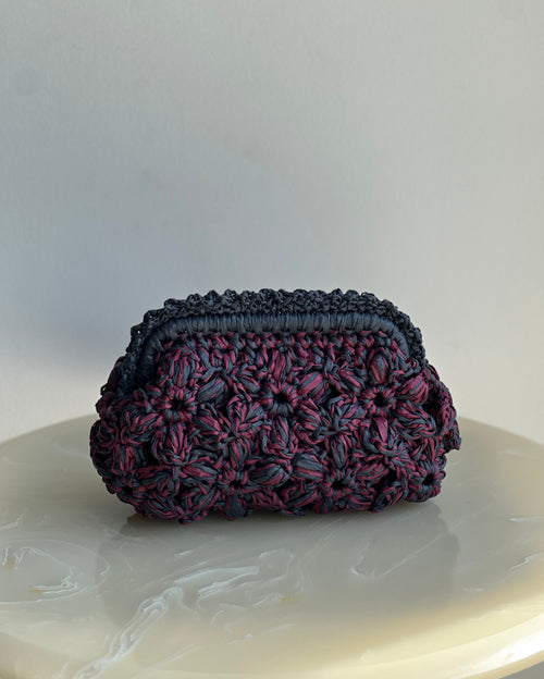 Hand-Crocheted Recta Floral Bag in Raffia Pink with Grey Handle