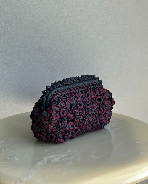 Hand-Crocheted Recta Floral Bag in Raffia Pink with Grey Handle