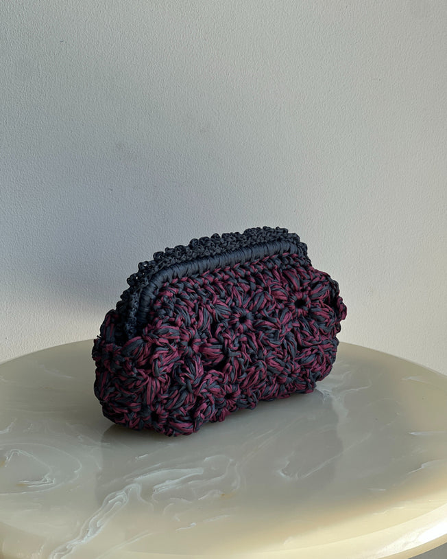 Hand-Crocheted Recta Floral Bag in Raffia Pink with Grey Handle