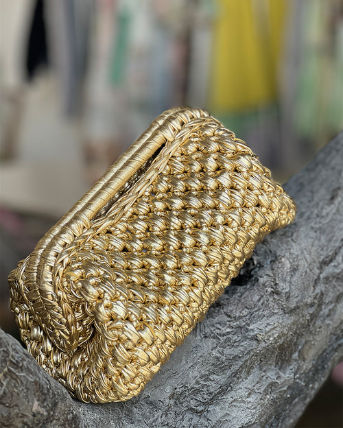 Popcorn Metallic Handmade Rectangular Golden Bag