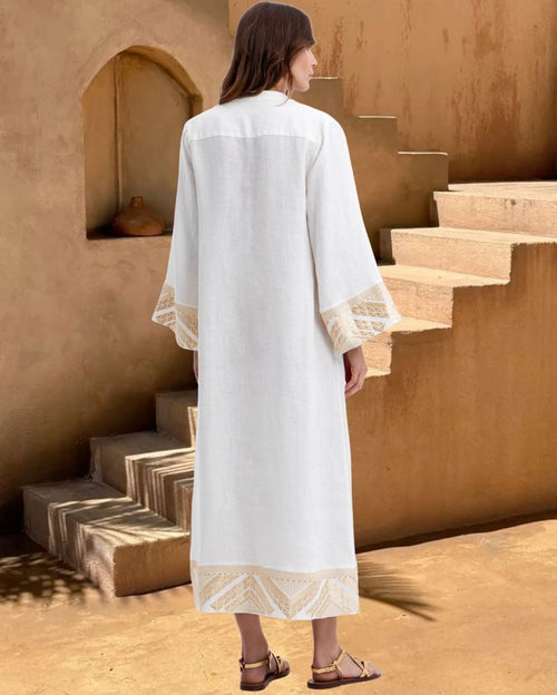 Pyramids Long-Sleeved Embroidered Linen Maxi Dress - Natural Gold