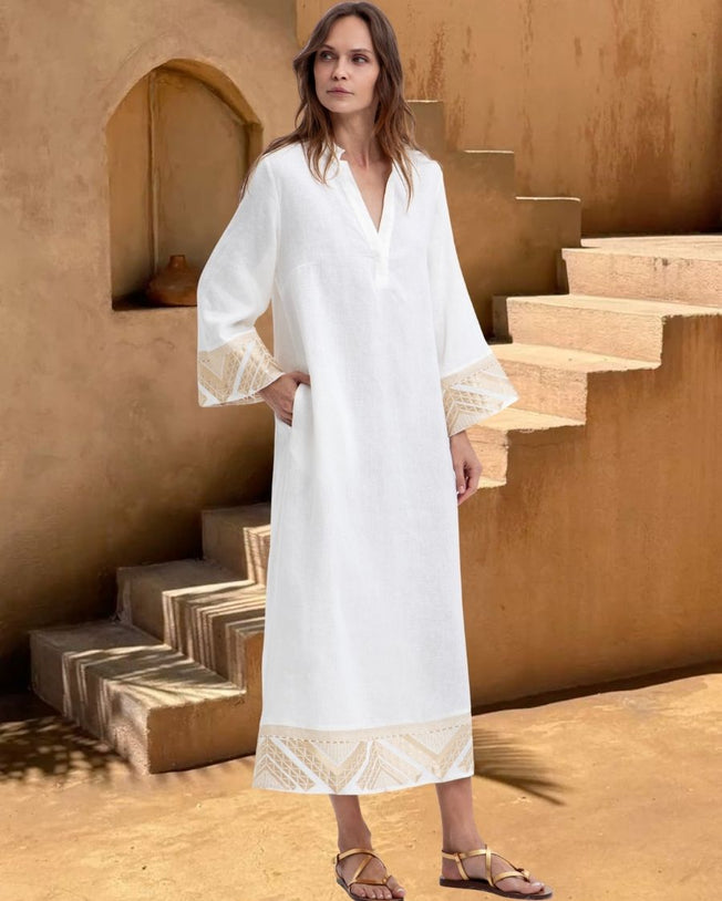 Pyramids Long-Sleeved Embroidered Linen Maxi Dress - Natural Gold
