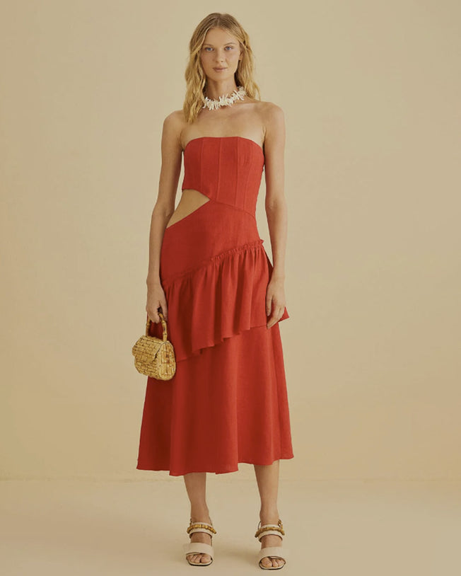 Red Cut Out Strapless Midi Dress