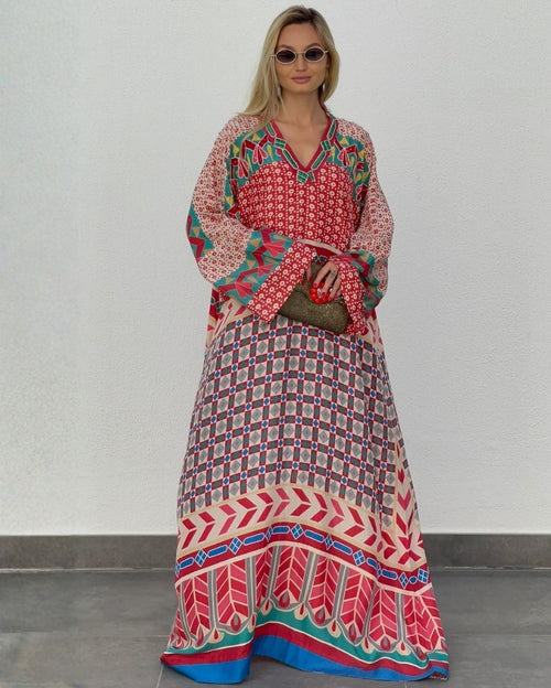 Red V-Neck with Sequins & Beaded Embroidery Loose Silk Caftan Style with Sleeves Boardgame Series Digi-Print